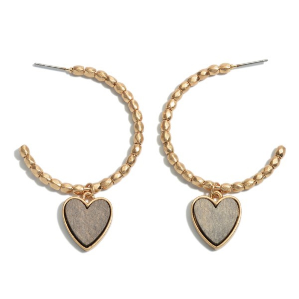 Beaded Hoop Earrings Gold-tone Wood Heart NWT
